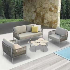 Outdoor garden sofa set bunai rope waterproof cushion frame iron 6 mm glass