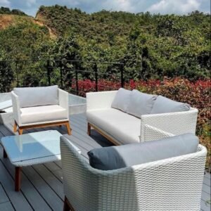 Outdoor sofa set frame iron wooden cushion waterproof glass 6 mm